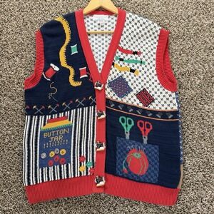 Sweater Loft New York Vintage Sewing Novelty Knit Button Vest Large USA Quirky